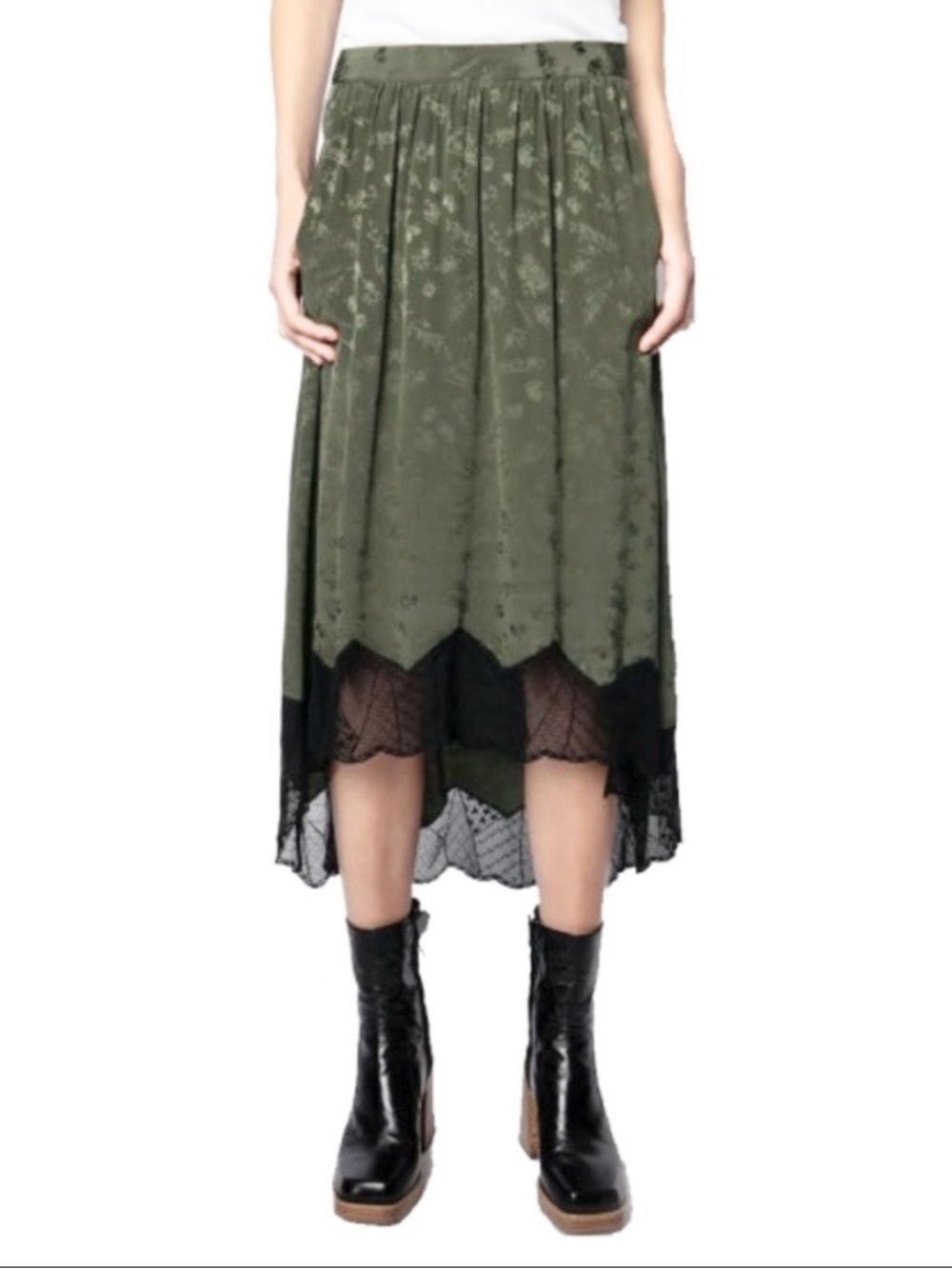 Zadig & Voltaire Khaki Joslin Jormi Jac Silk Skirt With Black Lace Trim Size L